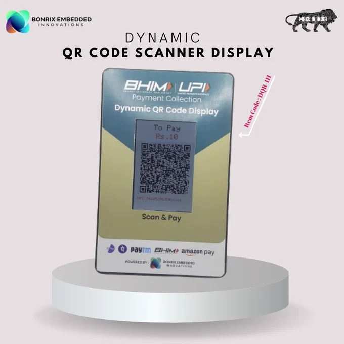 🌟 Introducing the Dynamic QR Code Scanner Display - DQR111 🌟

Revolutionize your payments with our 3.5" USB Dynamic QR Code Scanner Display! Display QR codes with the exact amount in Rupees for every transaction, programmable with any software language.

💼 Specs:
- Vibrant 3.5" TFT LCD
- 2m Type A USB Cable
- USB CDC Serial, WiFi, Bluetooth
- Lightweight: 170g±10g
- Binary/JPEG/Text QR Displayer
- BHIM UPI Compatible

💡 Features:
- Dynamic QR Codes for exact amounts
- Compatible with Paytm, PhonePe, BharatPe, GPay
- Real-time payment confirmations
- Easy setup and configuration

🏪 Perfect for:
- Grocery Stores
- Retail Outlets
- Ticketing Counters
- Hospitals
- Billing Counters
- Fuel Stations
- Eateries

📱 Start with our Desktop Software and Android App for BHIM UPI.

🚀 Upgrade your transactions with the Dynamic QR Code Scanner Display!

#DynamicQRCode #PaymentSolutions #DigitalTransactions #UPI #BHIMUPI #RetailTech #MerchantEmpowerment #RealTimePayments #FinTech #ContactlessPa