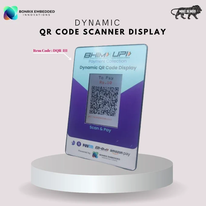 🌟 **Introducing the Dynamic QR Code Scanner Display - Item Short Code - DQR111** 🌟

Empower your payment process with our state-of-the-art 3.5-inch USB Dynamic QR Code Scanner Display! Whether you're handling transactions in retail, hospitality, or healthcare, this device is designed to make payments seamless and efficient.

**Item Code**: BEI-DQR-111-USB, BEI-DQR-111-WIFI, BEI-DQR-111-BLE

💼 **Specifications**:
- **Display**: A vibrant 3.5" TFT LCD with 320x480 pixels, ensuring clear and bright QR codes.
- **USB Cable**: A convenient 2-meter Type A USB cable for easy connectivity.
- **Communication Options**: Choose from USB CDC Serial port, WiFi, or Bluetooth.
- **Weight**: Lightweight and portable at only 170g±10g.
- **Display Types**: Supports Binary Image, JPEG Image, and Text Command-Based QR Code Display.
- **Compatibility**: Fully compatible with BHIM UPI Payment Collection for seamless transactions.

💡 **Features**:
- **Dynamic QR Code**: Effortlessly display QR codes with