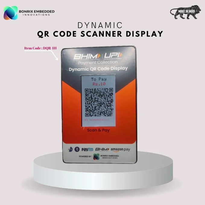 🌟 Introducing the Dynamic QR Code Scanner Display - Item Short Code - DQR111 🌟

Take charge of your payments with our cutting-edge 3.5 inch USB Dynamic QR Code Scanner Display ! Display the QR Code with the amount in Rupees for every new transaction, all programmable with any software language.

Item Code: BEI-DQR-111-USB , BEI-DQR-111-WIFI , BEI-DQR-111-BLE

💼 Specifications:
- Display: Vibrant 3.5" TFT LCD, 320*480 pixels that showcase clear, bright QR codes.
- USB Cable: Long 2m, Type A USB plug for easy connectivity.
- Communication: USB CDC Serial port  or WiFi  or Bluetooth
- Weight: Light and portable at only 170g±10g.
- Display Type: Binary Image / JPEG Image / Text Command Based QR Code Displayer.
- Compatibility: Fully compatible with BHIM UPI PaymentCollection for seamless transactions.

💡 Features:
- Dynamic QR Code: Effortlessly show QR with the exact amount for each order.
- Universal Compatibility: Works with Paytm, PhonePe, BharatPe, GPay, and any bank QR.
