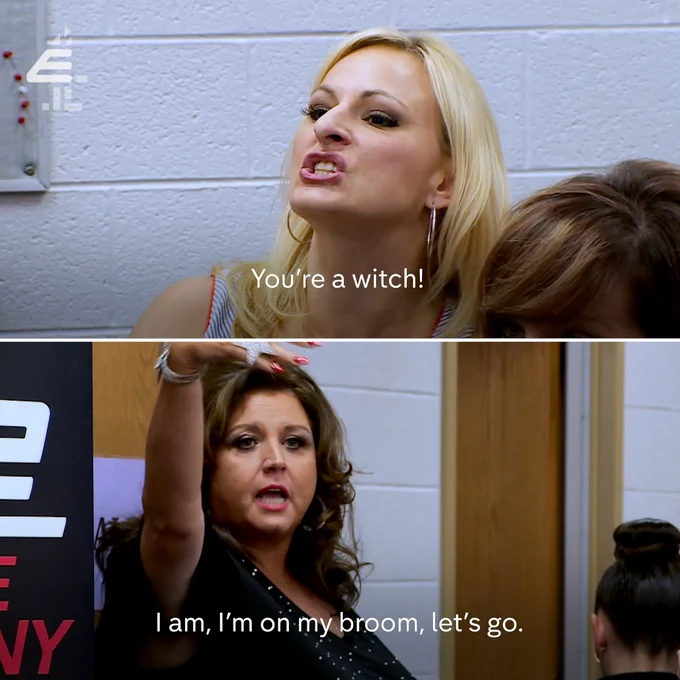 Two images from Dance Moms. The first image on top is a shot of Christi who's shouting. The subtitles say 'You're a witch!' The second image underneath is of Abby Lee Miller answering back. The subtitles say 'I am, I'm on my broom, let's go.' 