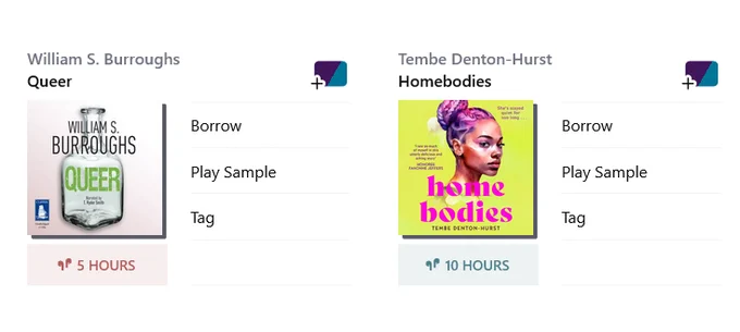 A screenshot of William S. Burroughs's Queer (audiobook lasting 5 hours) and Tembe Denton-Hurst's Homebodies (audiobook lasting 10 hours)