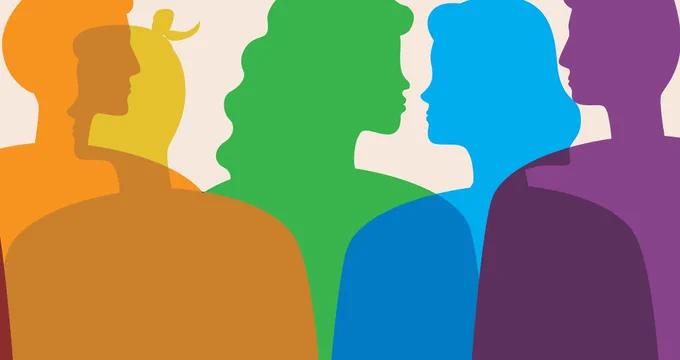 Silhouettes of individuals in rainbow colours representing LGBTQ  in the chemical science community. 