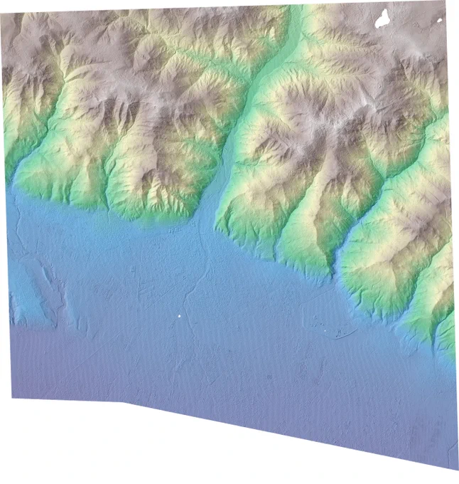 1m digital surface model hillshade over Agsu, Azerbaijan colored by elevation.