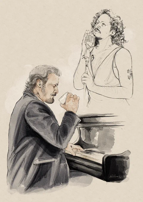 Art of Roach and Izzy in a lounge singer au. Izzy is at the piano, left hand touching the keys while right is holding a whiskey glass he's about to take a sip of. 
On the upper right is an uncolored sketch of Roach, looking up, holding a condenser microphone. He's in a dress with a very deep v and the tape that binds his chest is visible from the side. His hair is longer and down, with tiny flowers in it.