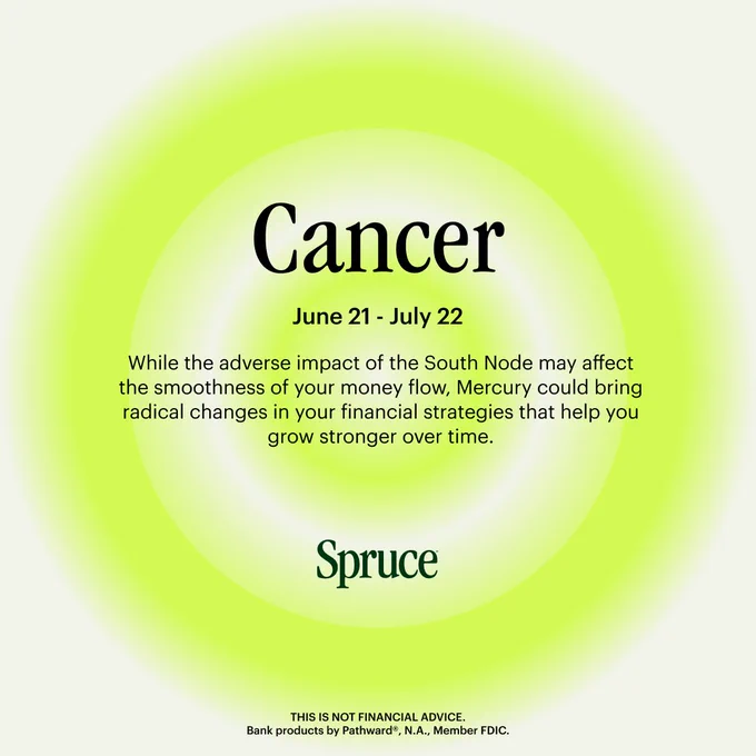 Concentric circles in soft, faded green on a tan background. Text reads: Cancer June 21 – July 22. While the adverse impact of the South Node may affect the smoothness of your money flow, Mercury could bring radical changes in your financial strategies that help you grow stronger over time. THIS IS NOT FINANCIAL ADVICE. Bank products provided by Pathward®, N.A., Member FDIC.