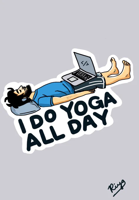A techie working from bed with laptop on lap, acting they do yoga asana as this is a Shavasana pose!