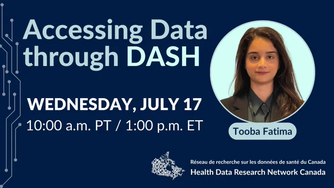 Tooba Fatima, a woman with long dark hair. Text reads: Accessing Data through DASH July 17 10:00 a.m. PT. Health Data Research Network Canada logo at bottom.