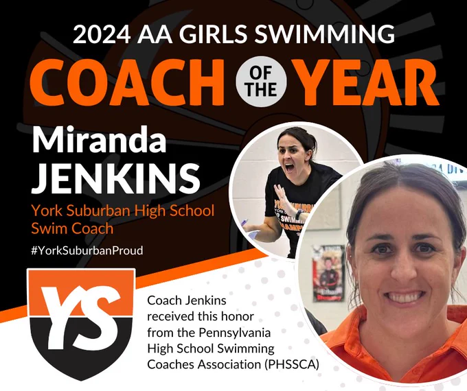 Congratulations to Coach Miranda Jenkins, named COACH OF THE YEAR by the Pennsylvania High School Swimming Coaches Association (PHSSCA) for AA Girls Swimming! York Suburban is lucky to have Coach Jenkins and thrilled to see her work and effort recognized! #YorkSuburbanProud 
