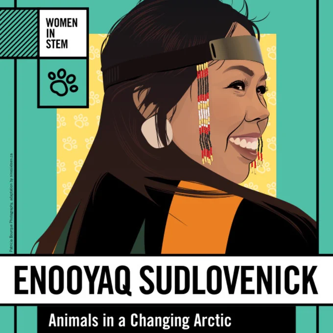 Enooyaq Sudlovenick illustration on a green background with the words Animals in a Changing Arctic underneath the name. She is wearing a beaded headband and smiling over her shoulder.