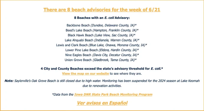 Text reads:

There are 8 beach advisories for the week of 6/21
8 Beaches with an E. coli Advisory:

Backbone Beach (Dundee, Delaware County, IA)* 
Beed’s Lake Beach (Hampton, Franklin County, IA)*
Black Hawk Beach (Lake View, Sac County, IA)* 
Lake Ahquabi Beach (Indianola, Warren County, IA)*
Lewis and Clark Beach (Blue Lake, Onawa, Monona County, IA)* 
Lower Pine Lake Beach (Eldora, Hardin County, IA)*
Nine Eagles Beach (Davis City, Decatur County, IA)*
Union Grove Beach (Gladbrook, Tama County, IA)*   

4 City and County Beaches exceed the state’s advisory threshold for E. coli.*
View the map on our website to see where they are.