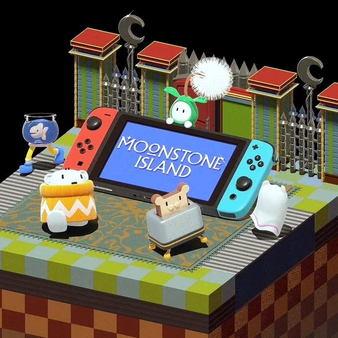 A very cool 3D art piece by @OvumArt that shows some of our Spirits dancing around a Nintendo Switch with Moonstone Island playing