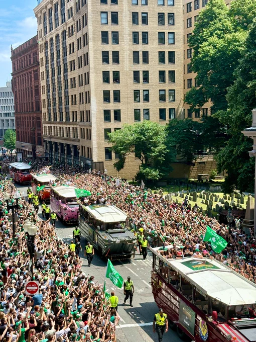 Duck boats and crowds on Tremont during the Celtics parade