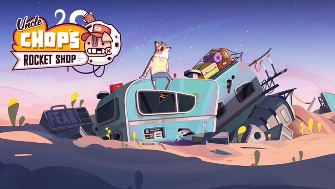 A person with the orange head of a fox and the body of a human with white skin, tattoos, and a tank top and jeans, sits on top of a beat-up blue trailer in a junk heap. The game's logo is in the top left corner. It has a pig face in a trucker cap and a cratered moon next to text that says Uncle Chop's Rocket Shop in a shape and style reminiscent of vintage diner road signs.