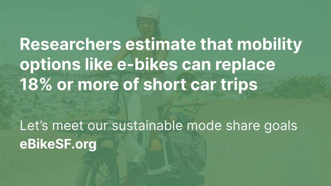 A woman and child riding an e-bike behind the text: Researchers estimate that mobility options like e-bikes can replace 18% of short car trips"