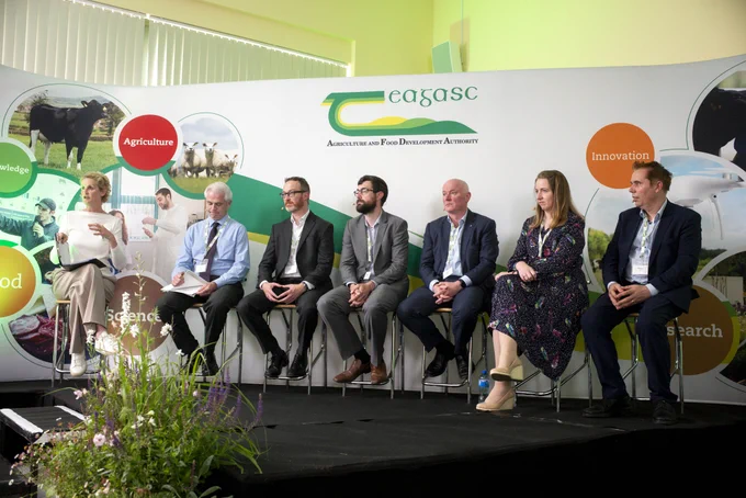 Pictured left to right: Helen Carroll, RTE Ear to the Ground; Dr Karl Richards, Head of Teagasc Climate Research Centre; Sean Mulvany, Irish Strategic Investment Fund; Thomas Duffy, Dairy Farmer; Marc Kierans, Department of Environment, Climate and Communications; Rebecca Chapman, Department of Agriculture, Food and the Marine; and Vincent Roddy, President of Irish Natura and Hull Farmers Association.