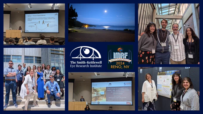 collage of photos: two of SKERI speakers presenting slides, group of scientists around their poster, a view of Lake Tahoe, SKERI trainees at the conference, and a group photo of SKERI attendees.