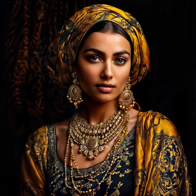 A woman with a striking appearance, her face adorned with gold jewelry and intricate patterns. She wears a headscarf and earrings that add to her regal look. Her gaze is directed off to the side, giving an air of contemplation or perhaps observing something out of frame. The background is dark, which contrasts with her golden attire, making her the focal point of this portrait.