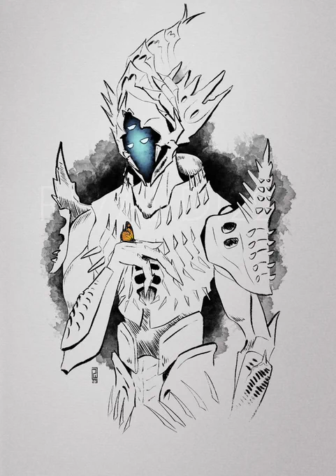 A drawing of Luzaku, a Lucent Hive Lightbearer Wizard, looking down at the back of her hand, where a monarch butterfly has landed. The drawing is largely just lineart and shading, the only colors used are the warm orange tones for the butterfly, and the sky-blue sheen of Luzaku's facemask.