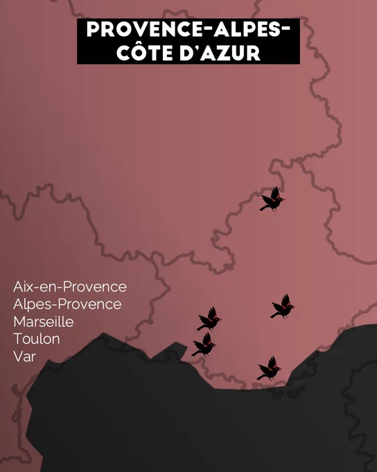 Carte de PACA avec des merles noirs sur les emplacements de Aix-en-Provence, Alpes-Provence, Marseille, Toulon, Var.