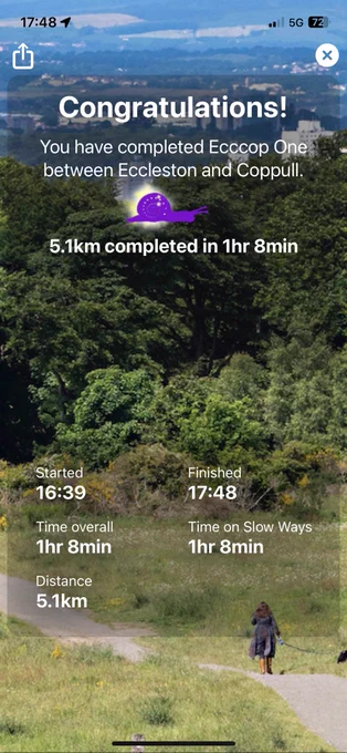 Congratulations screen from Slow ways makers app showing g completed route between eccleston and coppull