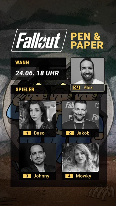 Grafik zum Fallout Pen and Paper Stream, 24.6 18 Uhr, Portraitbilder von MitspielerInnen: DM Alex, Baso, Jakob, Johnny und Mowky.