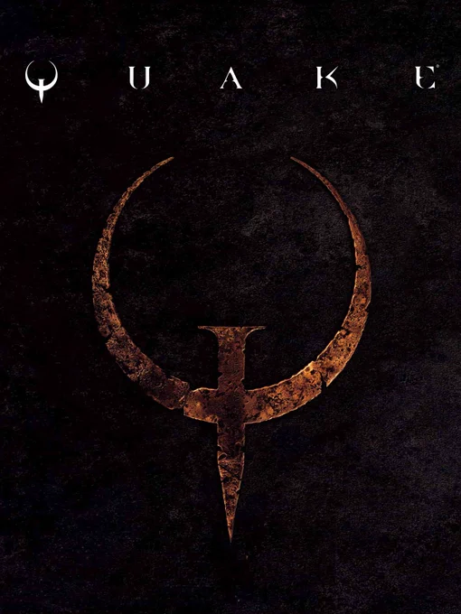 Image of the black, rust, and white Quake box art featuring the logo and symbol.