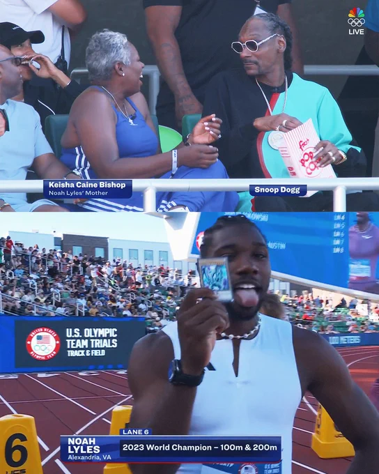 Snoop Dogg watching Noah Lyles in 100m with his mom.

#TrackFieldTrials24