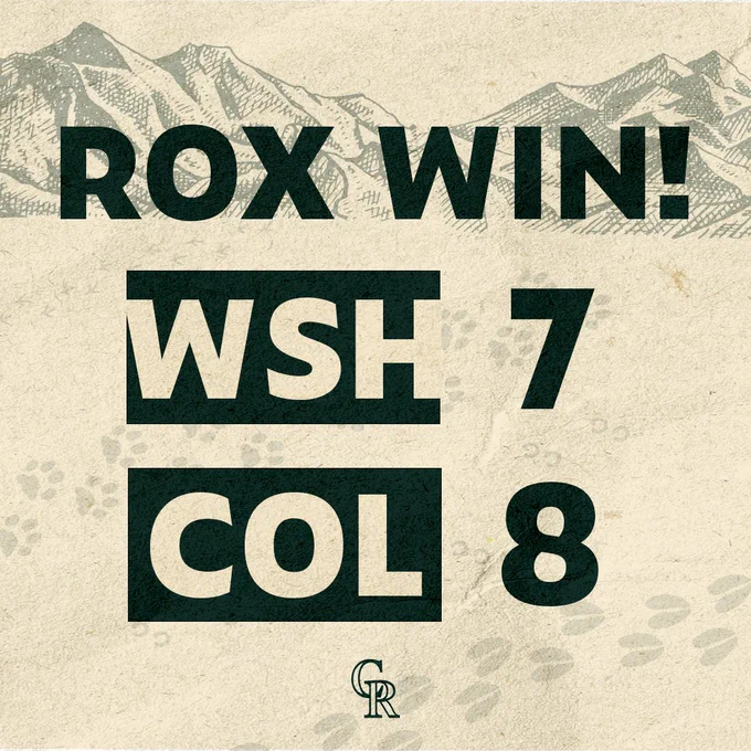 A beige graphic with forest green sketching on the graphic. The graphic reads "ROX WIN! Washington 7, Colorado 8."
