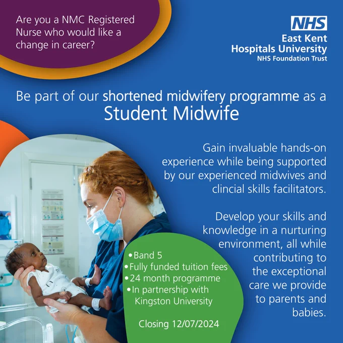 Are you a NMC Registered Nurse who would like a change in career?

Be part of our shortened midwifery programme as a
Student Midwife

Gain invaluable hands-on experience while being supported by our experienced midwives and clincial skills facilitators.

Develop your skills and knowledge in a nurturing environment, all while contributing to the exceptional care we provide to parents and babies.

Band 5 
Fully funded tuition fees
24 month programme
In partnership with Kingston University

  Closing 12/07/2024

