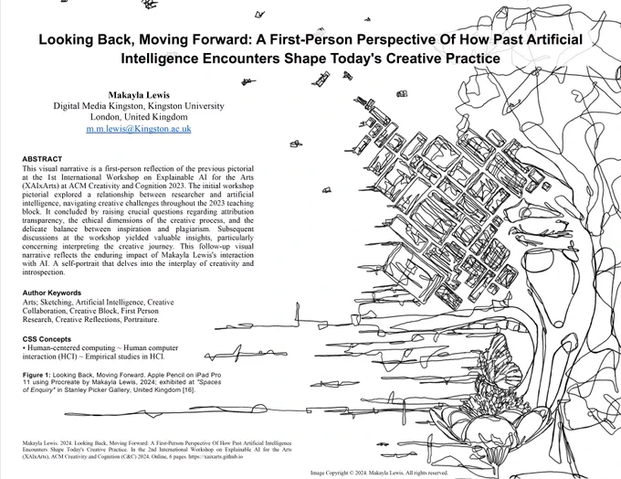 1st-page extract from the pictorial with title and abstract followed by a sketch of Makayla screaming at a butterfly conducting its everyday activities and interacting with flowers coming from space in small to large fragments is a structured and scary block smacking into their head; Makayla's face appears stressed.