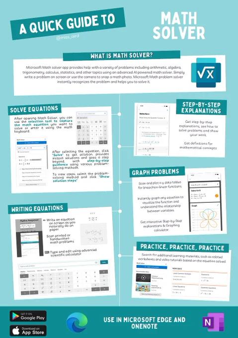 An informative poster titled "A Quick Guide to Math Solver" explaining the features of the Math Solver tool in Microsoft Edge and OneNote, with step-by-step instructions and screen images illustrating how to use the app to solve equations, graph problems, and practice math concepts, available for download on Google Play and the iOS App Store.