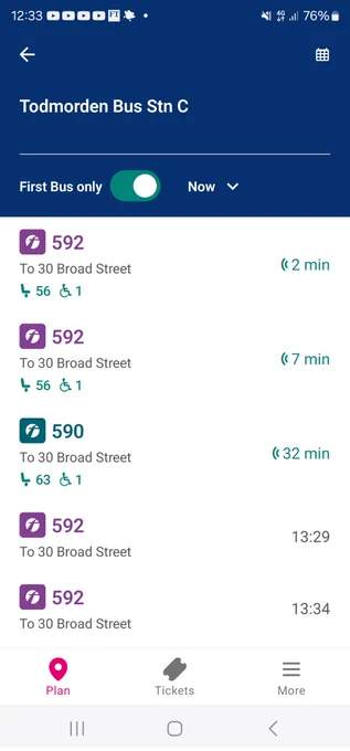 Bus timetable app showing 592 service in 2 minutes and 7 minutes