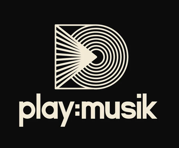 New logo for play:musik, features a triangle on its side with tip pointing right into the centre of. circle - representing ‘play’ and ‘music’. Both shapes are filled with lines. Underneath is the play:musik logotype in a lower case san serif font. Off-white on black background. Designed by Andreas Brooks