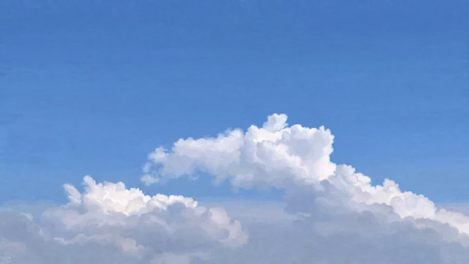 Digital painting of a blue sky, with some burgeoning, white clouds in the lower tier of the frame that would have been towering, once, but seem to have collapsed on the side. They still held their shape in the fall.