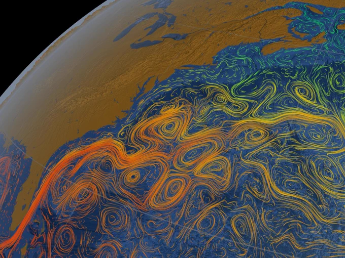 Illustration of water circulation off the East Coast of North America represented by swirls of different colors in the ocean, with warmer water moving northward