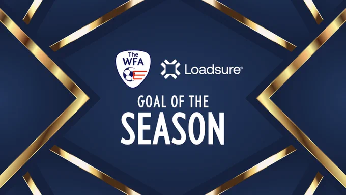 A graphic that reads "Goal of the Season" with The WFA and Loadsure's logos above. Set on a blue and gold background. 