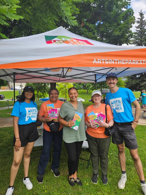 Toronto Arts Foundation staff members and volunteers standing next to Councillor Amber Morley. 

(Left to right) Cynthiya Sri (staff), Liza Paul (volunteer), Councillor Amber Morley, Linda Sheridan (volunteer), Jeff McGilton (staff). 
