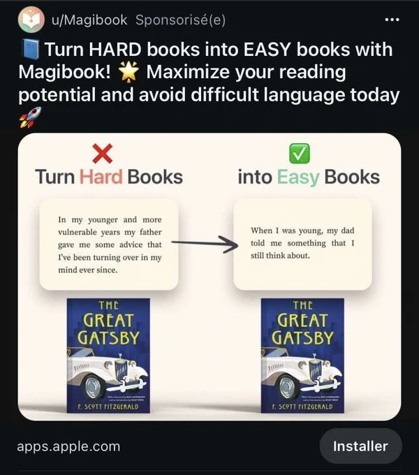 [screenshot of a tweet from a new AI program, magibooks, that offers to “simplify” the text of The Great Gatsby into words of one-syllable]. 