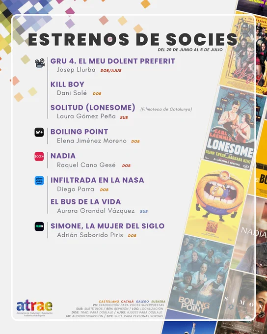 ESTRENOS DE SOCIES DEL 29 DE JUNIO AL 5 DE JULIO
CINE:
- 'Gru 4. El meu dolent preferit', traduce y ajusta para doblaje al catalán Josep Llurba
- 'Kill Boy', traducida para doblaje por Dani Solé
- 'Solitud' (Lonesome), en la Filmoteca de Catalunya, subtitulada al catalán por Laura Gómez Peña
MOVISTAR :
- 'Boiling Point', traducida para doblaje por Elena Jiménez Moreno
3CAT:
- 'Nadia', traducida para doblaje al catalán por Raquel Cano Gesé
PRIME VIDEO:
- 'Infiltrada en la NASA', traduce para doblaje Diego Parra
- 'El bus de la vida', subtitulada al gallego por Aurora Grandal Vázquez
FILMIN:
- 'Simone, la mujer del siglo', traducida para doblaje por Adrián Saborizo Piris