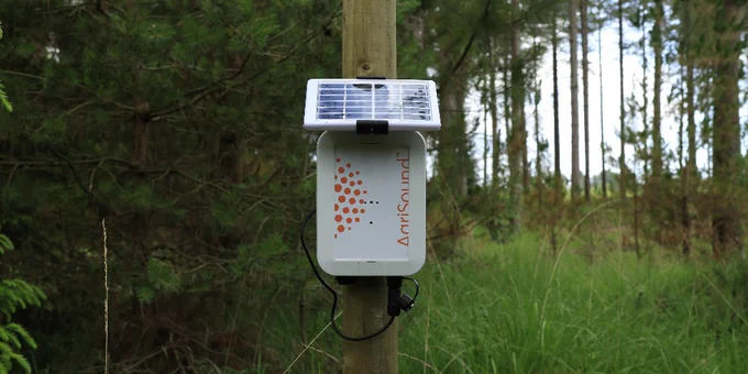 This images shows a small device with a solar panel on top. It is mounted on a post and located in the heart of a forest. 