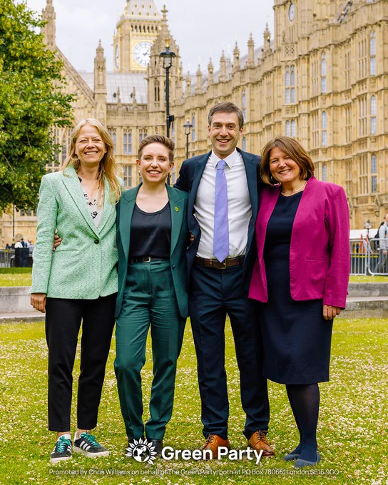 Photo of Sian Berry MP, Carla Denyer MP, Adrian Ramsay MP and Ellie Chowns MP stood outside Parliament.

Green Party
Promoted by Chris Williams on behalf of the Green Party, both at PO Box 78066, London SE16 9GQ
