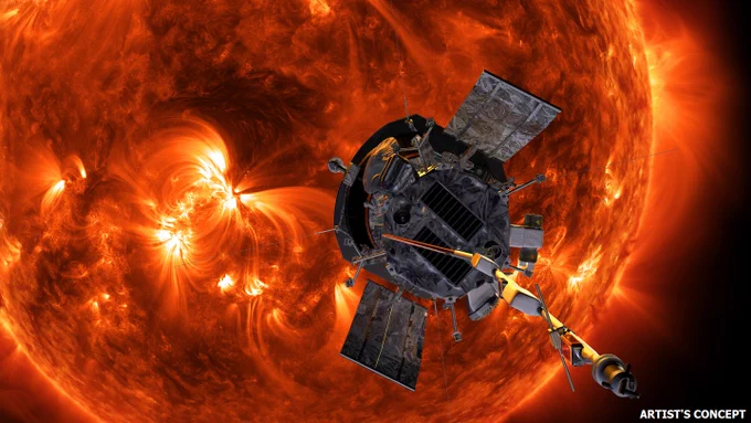 An illustration of Parker Solar Probe, a dark, circular spacecraft, with the reddish, blazing Sun in the background. The Sun takes up most of the image, with whorls, loops and sunspots scattered throughout. The text "Artist's Concept" appears in the bottom-right of the image. Credit: NASA’s Goddard Space Flight Center