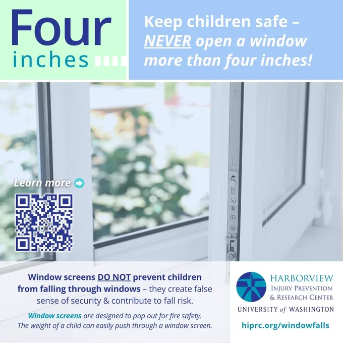  Graphic shows an image cracked a few inches. Text reads ‘Four inches…keep children safe- NEVER open a window more than four inches. Window screens DO NOT prevent children from falling through windows - they create false sense of security & contribute to fall risk. Window screens are designed to pop out for fire safety. The weight of a child can easily push through a window screen.