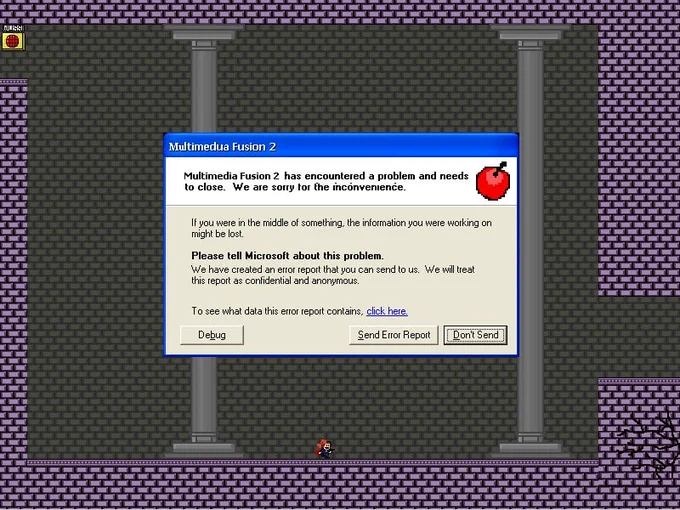 In "I wanna be the Guy" an error pop-up that  will kill the Kid if he doesn't move out of the way. The Kid is stopped at first, making the player believe the game has really crashed. 