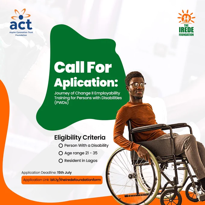 Call For Applications!

Are you a person with a disability?
Do you know a person with a disability who would love an opportunity to be empowered?

Then don't miss out on this opportunity!

Apply to be a part of this training, to increase your Employability skills and your chances of landing job roles! 

Application Deadline: July 15th

Apply NOW by clicking on the link in our bio!

N/B: Strictly for persons who have a disability. 

#theiredefoundation #disabilityadvocate #disabilityawareness #ngo #disabilitytraining