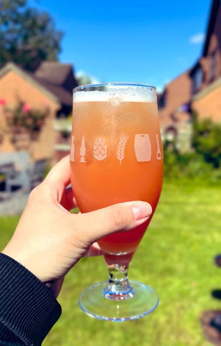 A glass of my Hop-Hand & grapefruit radler in the garden with blue skies in the background