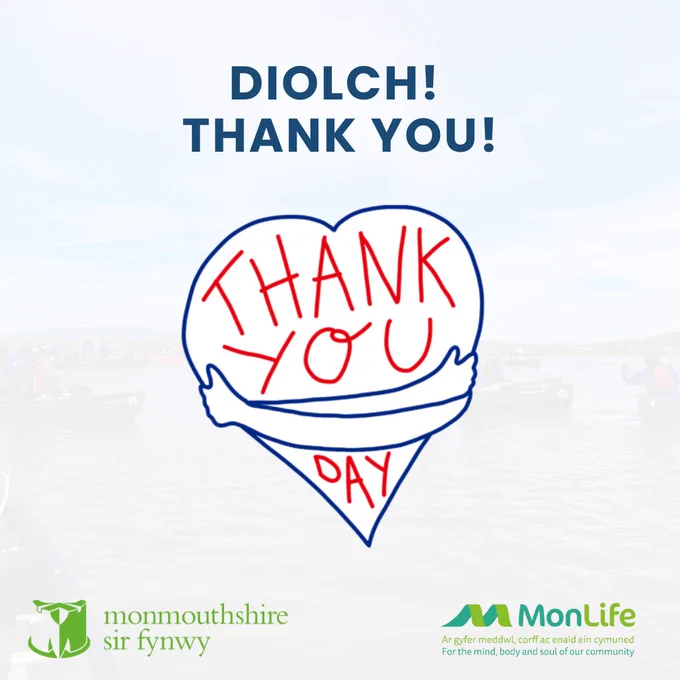 Graphic with faded picture of people on a kayak on the river. Text overlayed reads: Diolch!Thank you!