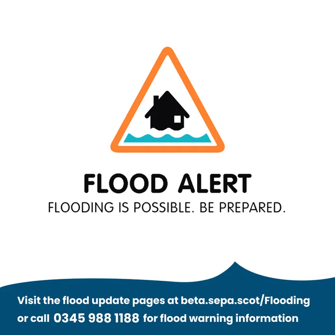 Flood Alerts are in force today. Visit beta.sepa.scot/Flooding or call 03459881188 for the latest flooding information.