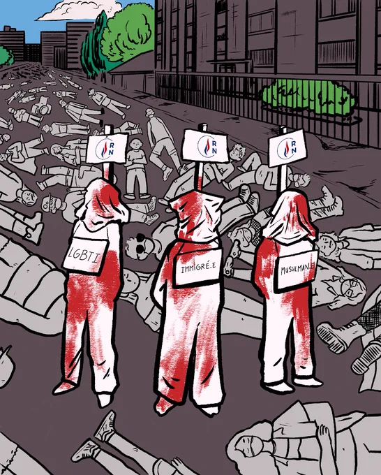Illustration représentant le moment du "die-in" à la Pride des Banlieues, La Courneuve, 22 juin 2024. Fond marron, des personnes sont allongées sur le sol en premier plan, elles s'étendent jusqu'au fond du dessin. Au milieu trois personnes sont debout avec le visage couverts, elles sont attachées à trois poteaux où l'on peut lire "RN". Ces personnes dessinées en blanc avec du rouge portent des écriteaux : "LGBTI", "Immigré.e" et "Musulman.e".