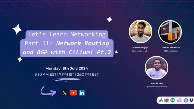 Let's Learn Networking
Part 11: Network Routing and BGP with Cilium! Pt.2
Monday, 8th July 2024
9:30 AM EST | 7 PM IST | 2:30 PM BST
In
No.
Marino Wijay
@virtualized 6ix
Daniel Finneran
@thebsdbox
Leon Nunes
@mediocreDevops